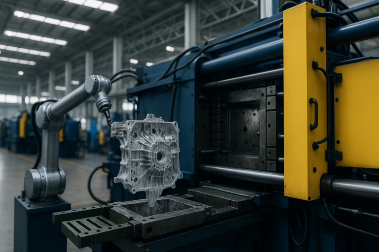 Modern die casting facility with molten metal being poured