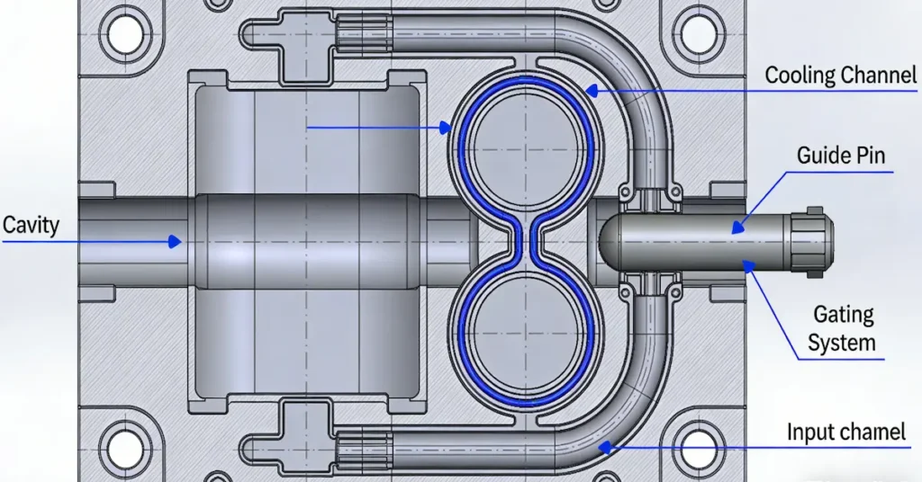 Complete structure diagram of aluminum casting die with key components labeled