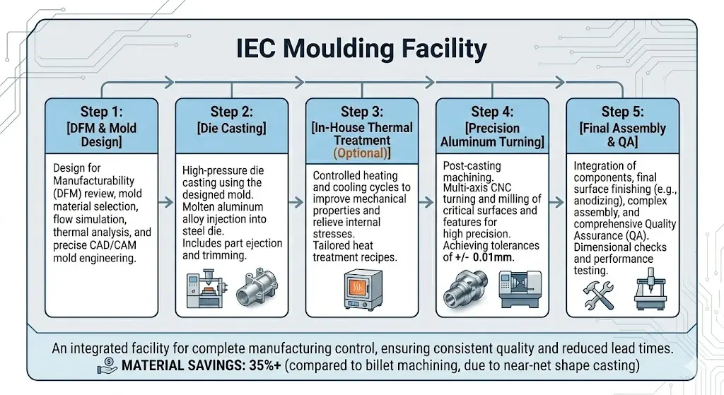 Integrated IEC Moulding facility showing die casting and CNC aluminum turning
