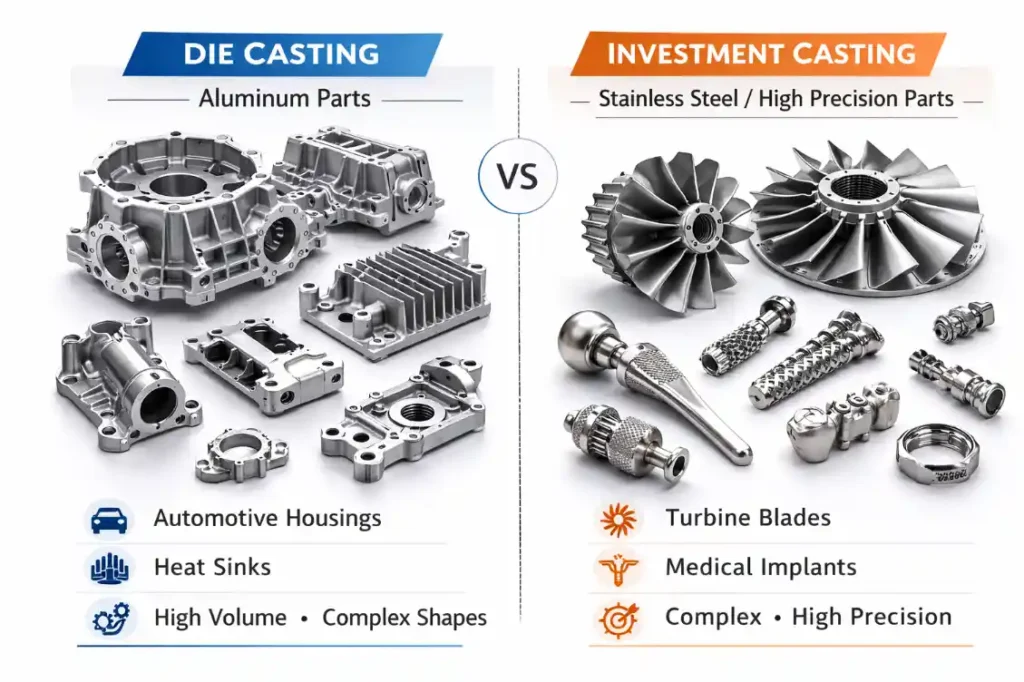 Comparison of typical parts made by die casting (aluminum housings) and investment casting (turbine blades)