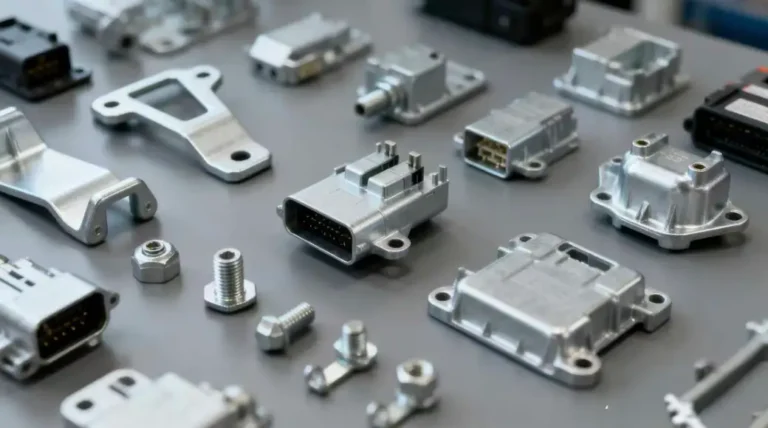 Flat lay composition of various zinc-plated die-casting parts