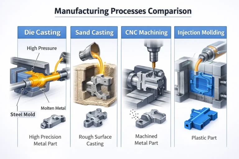Comparison chart of die casting, sand casting, CNC machining, and injection molding processes