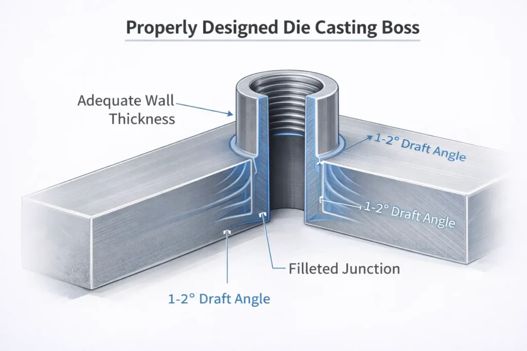 Proper die casting boss design showing wall thickness, draft angles, and filleted junction