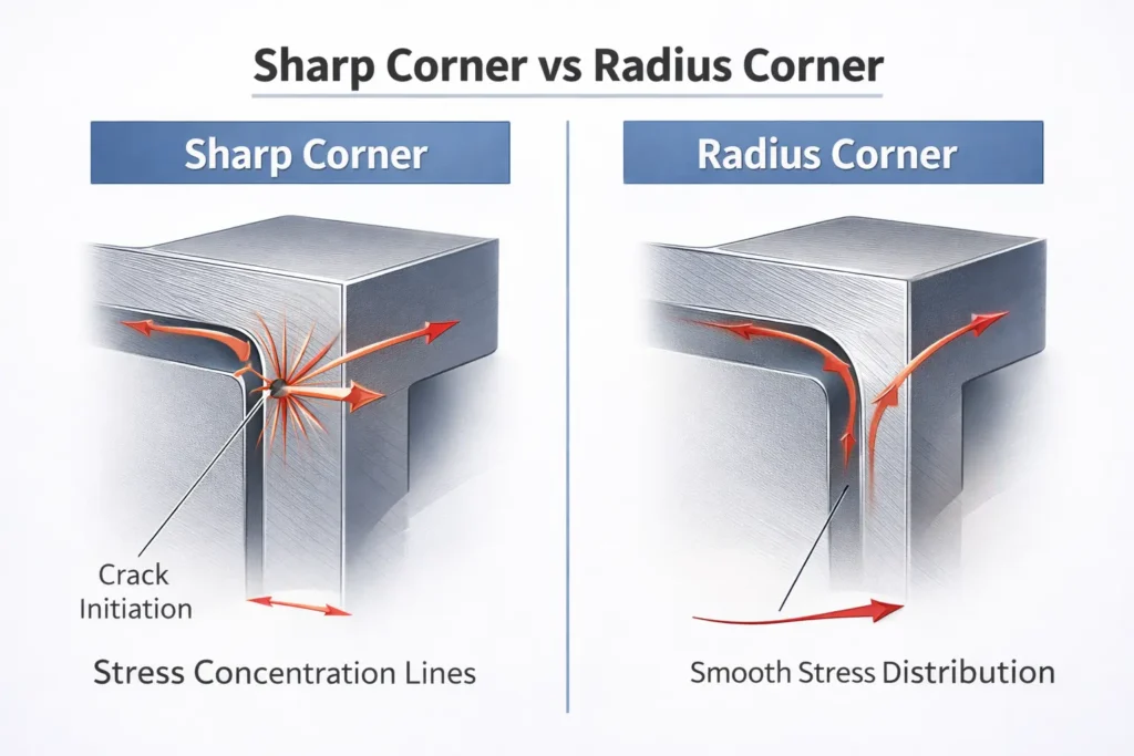 Comparison of stress concentration at sharp corners versus smooth stress distribution with fillet radii