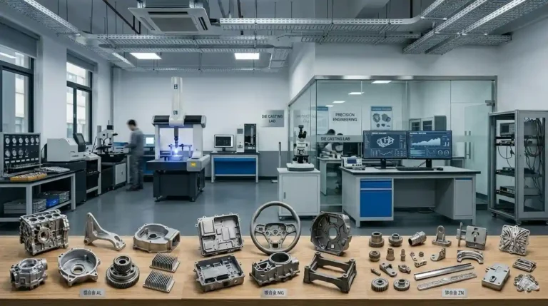 A collection of high-precision parts made from different die casting alloys including aluminum, magnesium, and zinc for 2026 manufacturing trends.