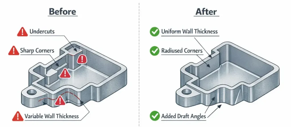 Design for Manufacturing (DFM) comparison showing zamak part design optimization that reduces tooling cost by simplifying geometry and eliminating unnecessary complexity
