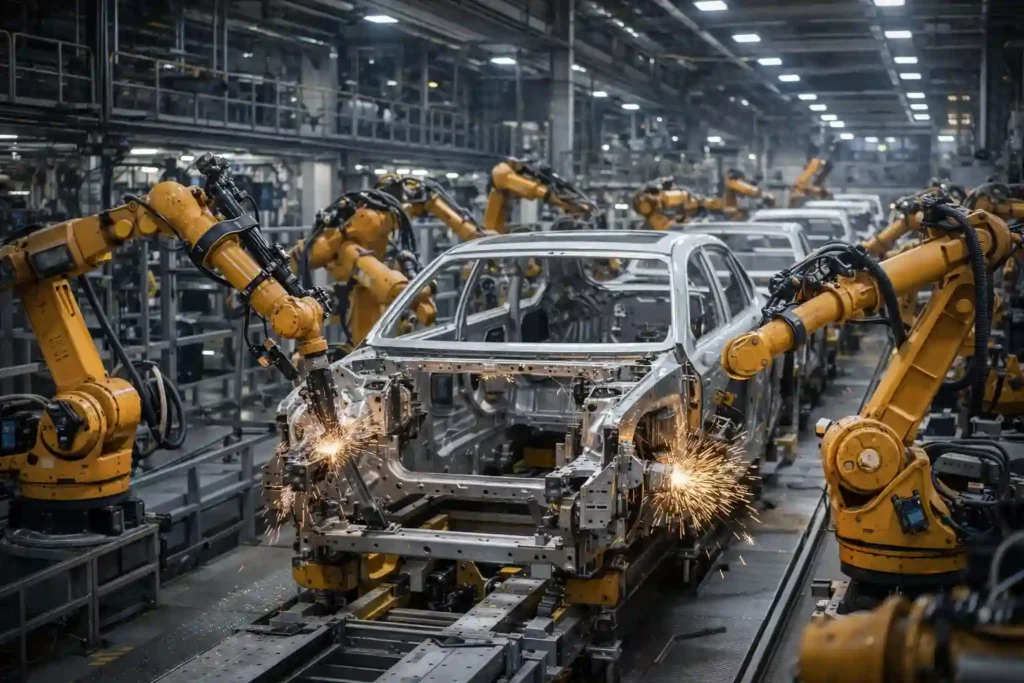 automotive manufacturing production line highlighting efficiency and automation in car production