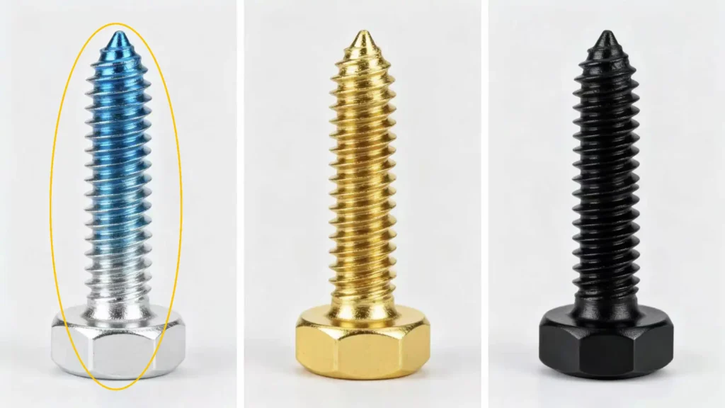 Comparison of common zinc plating finishes: blue zinc (bright silver), yellow zinc (gold tone), and black zinc (dark matte)