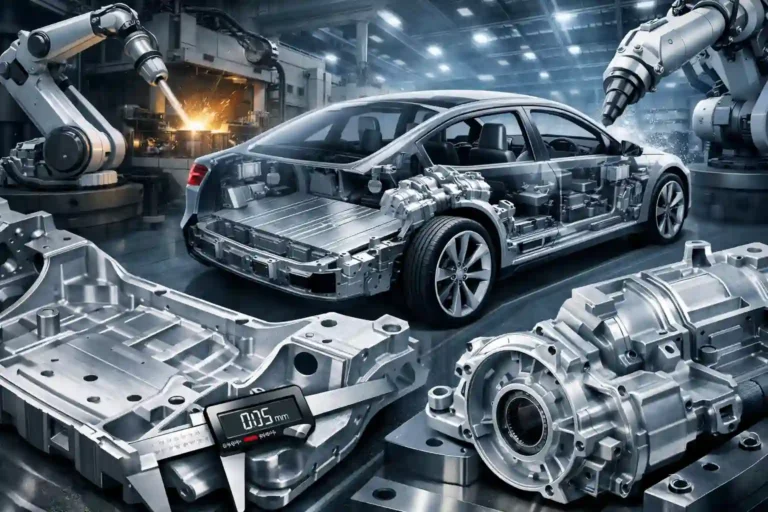 Precision aluminum die casted parts for the automotive industry, featuring an integrated vehicle chassis component in a high-tech factory setting, optimized for 2026 NEV trends.