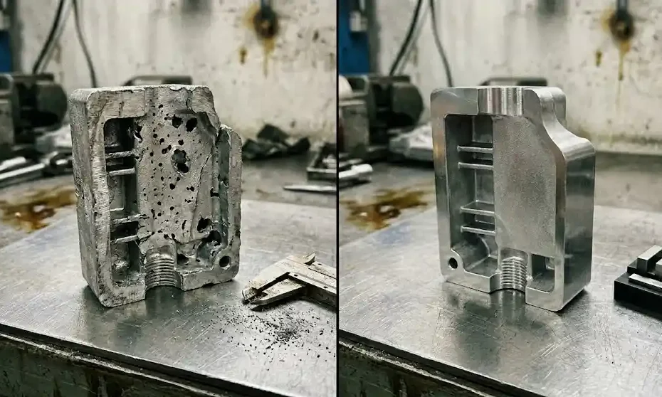 die casting porosity defect compared with optimized casting part without air pockets