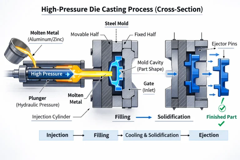 High pressure die casting process diagram showing molten metal injection, mold filling, solidification, and part ejection stages