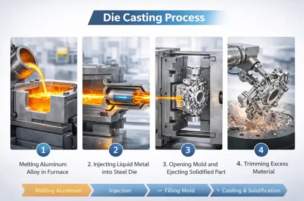 Step-by-step illustration of the die casting process from melting to trimming