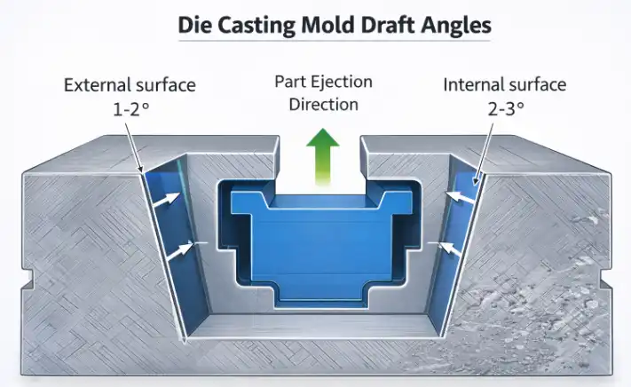 Die casting draft angle diagram showing recommended angles for external and internal surfaces