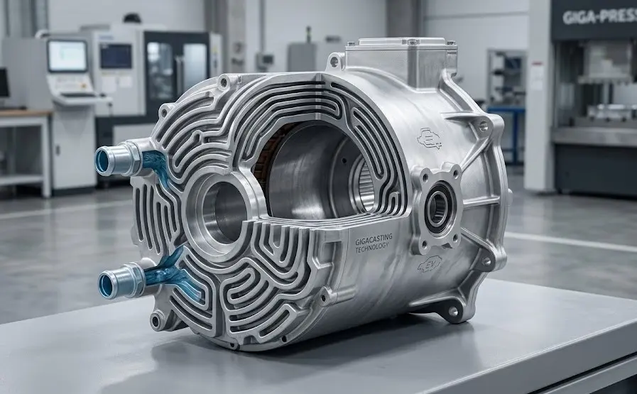 Precision aluminum die casted parts for EV motor housing with integrated thermal management cooling channels.
