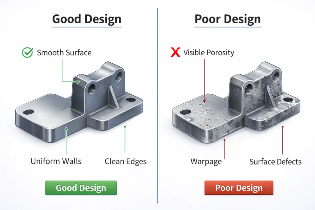 Comparison of good die casting design with defect-free part versus poor design showing porosity and warpage