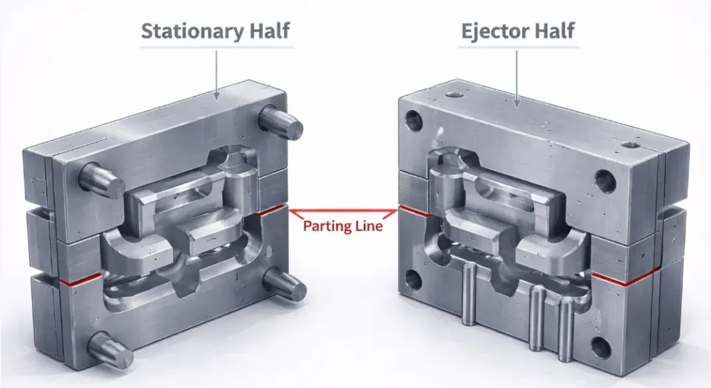 Die casting mold showing stationary and ejector halves with highlighted parting line