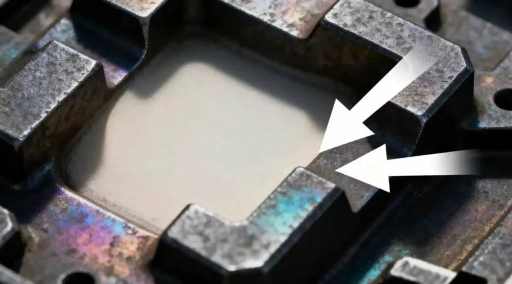 Visual representation of uneven zinc coating, showing thicker buildup on edges and thinner coverage on flat surfaces