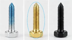 Comparison of common zinc plating finishes: blue zinc (bright silver), yellow zinc (gold tone), and black zinc (dark matte)