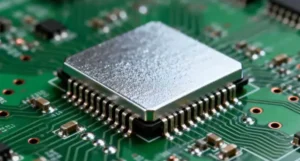 Close-up of a zinc plated connector on a circuit board, providing corrosion protection and a clean surface finish