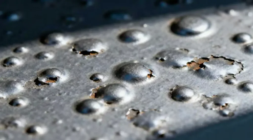 Macro close-up of a blistering defect on a zinc plated surface, showing raised bubbles caused by poor surface preparation