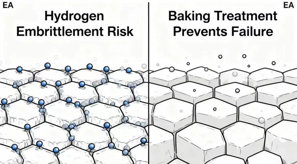 Diagram illustrating how hydrogen embrittlement affects metal grain structure during plating and how post-plate baking mitigates the risk