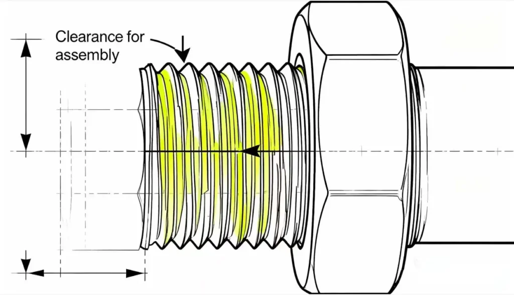Cutaway diagram showing thread clearance tolerance required for zinc plated fasteners to ensure proper assembly