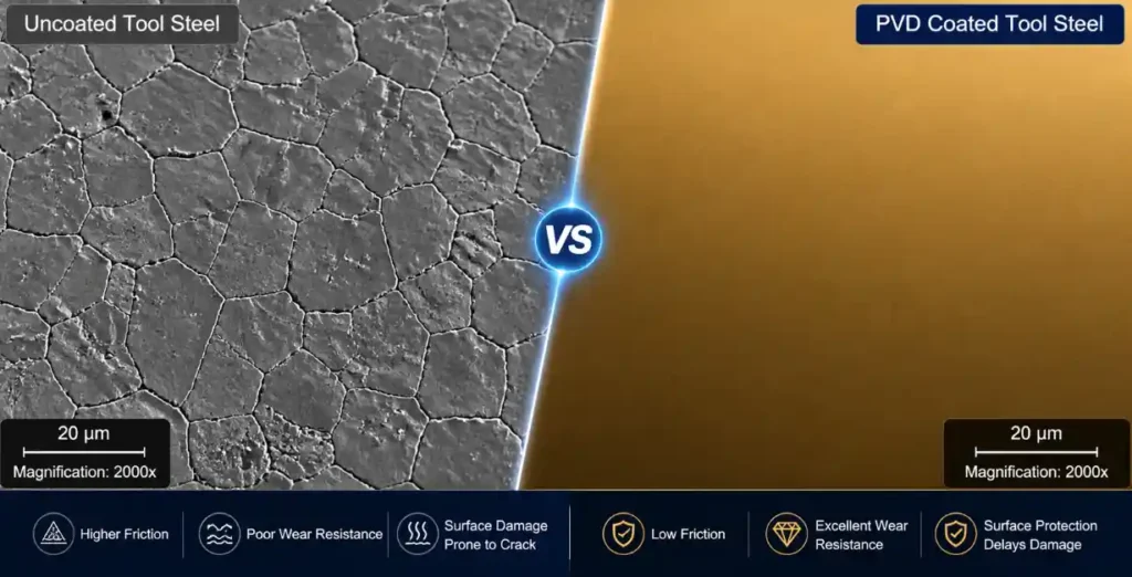 Microscopic comparison showing smooth PVD coated die steel surface versus rougher uncoated surface