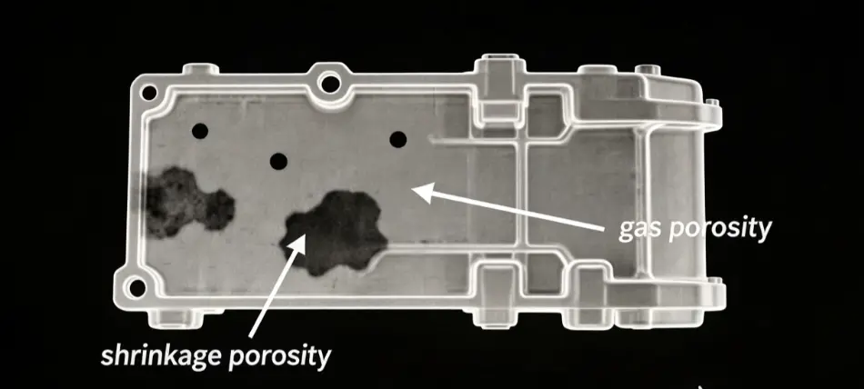 die casting defects: X-ray view of die casting showing internal gas porosity and shrinkage porosity.