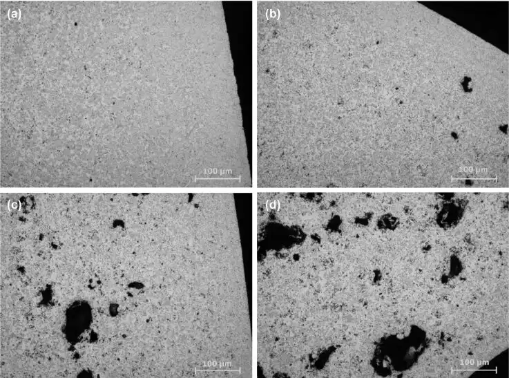 Microstructure comparison of aluminum high-pressure die casting showing porosity morphology at 100um scale under metallographic microscope