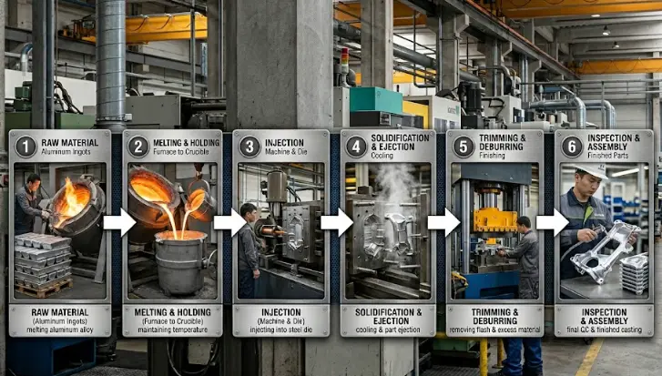 aluminum die casting process steps diagram showing tooling design to finishing