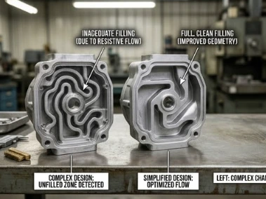 complex internal geometry in pump casting causing unfillable areas and defects