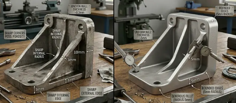 die casting aluminum part design comparison showing poor uneven wall thickness vs optimized uniform design