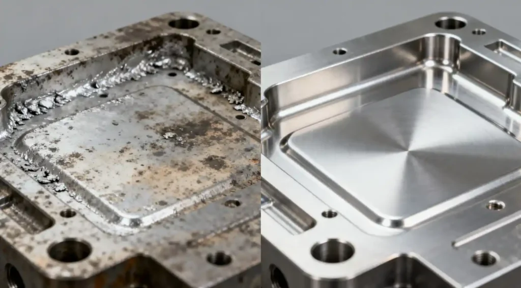 Side by side comparison of a die casting mold surface before and after professional cleaning and polishing