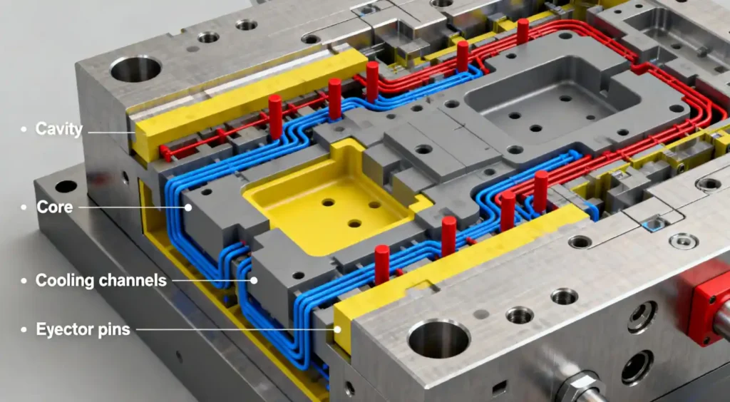 Cross section diagram of a die casting mold showing cooling channels ejector pins cavity and core with labels