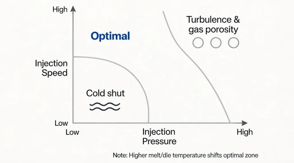 Process parameter map showing that high pressure combined with high speed causes turbulence and gas porosity, low pressure causes cold shut, and balanced moderate pressure with moderate speed produces defect-free castings, influenced by temperature.