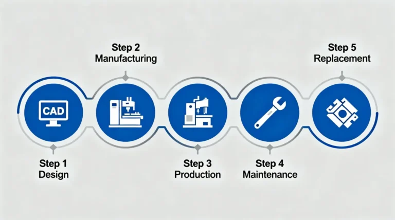 Five stages of die casting tooling lifecycle illustrated as a circular diagram covering design manufacturing production maintenance and replacement