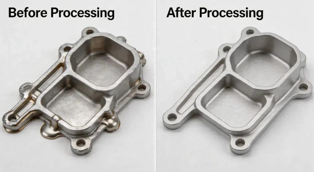 Comparison of raw aluminum die casting with flash and runner versus finished, trimmed, and shot blasted component