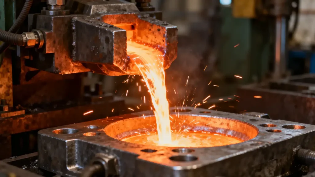High-pressure die casting mold with molten aluminum injection at 700°C