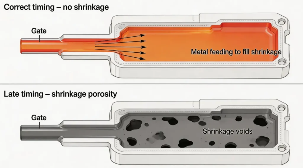 Timeline diagram showing correct intensification pressure applied before gate solidification enables feeding and prevents shrinkage porosity, versus late application after gate freeze causing internal voids.