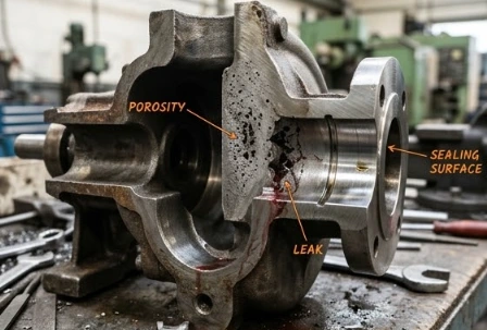 pump casting leakage caused by porosity and sealing failure in pump housing casting