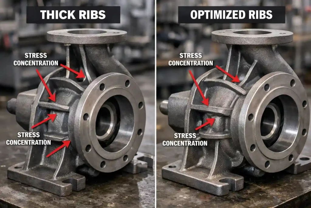 improper rib design causing stress concentration and shrinkage in pump casting