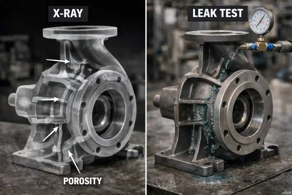 pump casting passes x-ray inspection but fails pressure leak test due to connected porosity