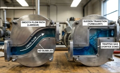 turbulent flow and air entrapment in pump housing casting flow channel design