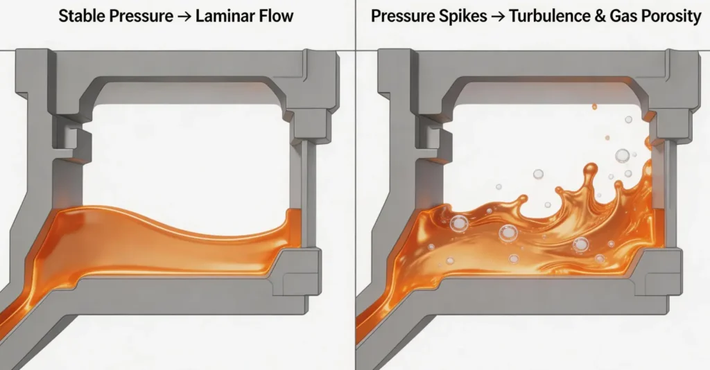 Comparison of stable injection pressure producing laminar flow without air entrapment versus pressure spikes causing turbulent flow and gas porosity in die casting.