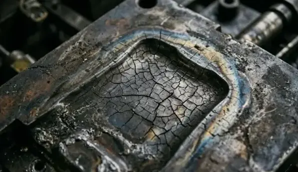 Thermal fatigue heat checking cracks on die casting tool steel surface