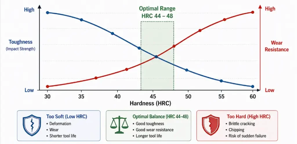 tool steel hardness vs toughness hrc balance chart
