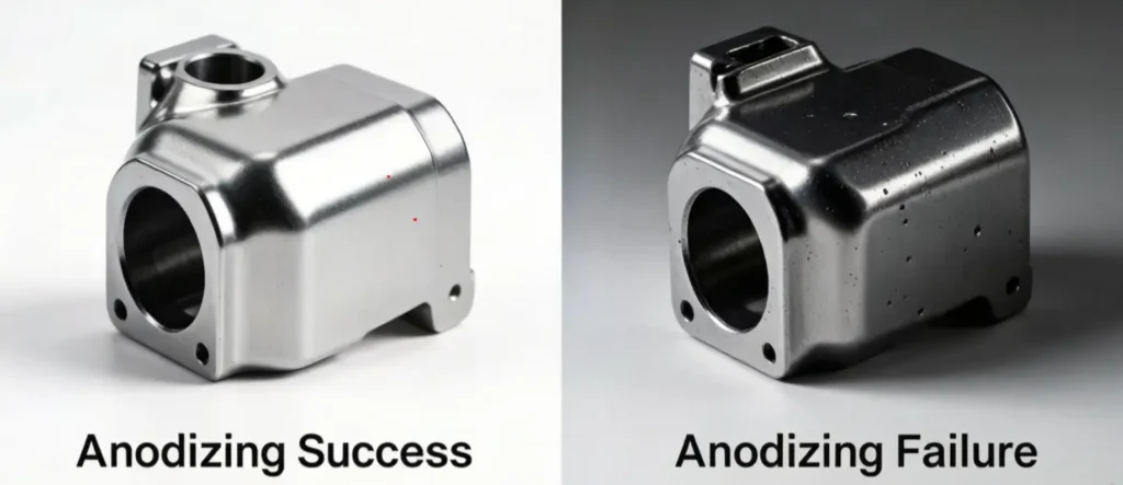 Comparison of successful vs failed anodizing die cast aluminum alloys: left shows uniform finish, right shows uneven tone and porosity after anodizing.