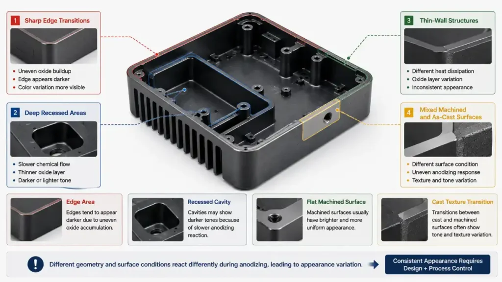 For anodizing die cast aluminum alloys, sharp edges, deep recesses, thin walls, and mixed surface conditions cause uneven oxide layer and cosmetic variation, as shown in this diagram.